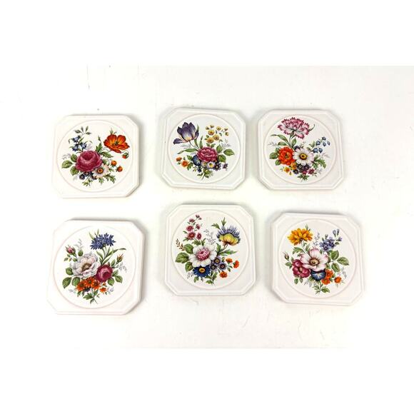 VTG Set of 6 Ceramic Coasters White with Various Floral Pattern 3.5" Cork Back - Picture 1 of 8